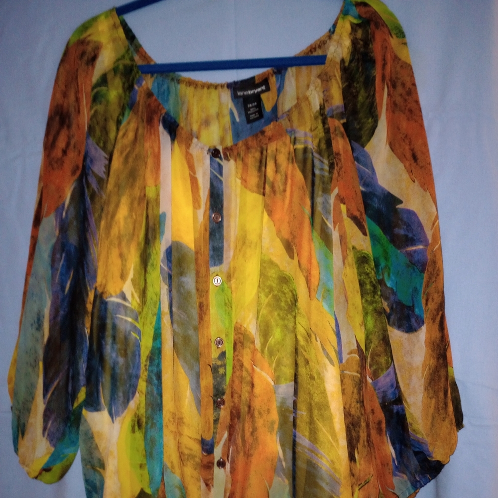 Lane Bryant, multicolor, feather print, sheer blouse.